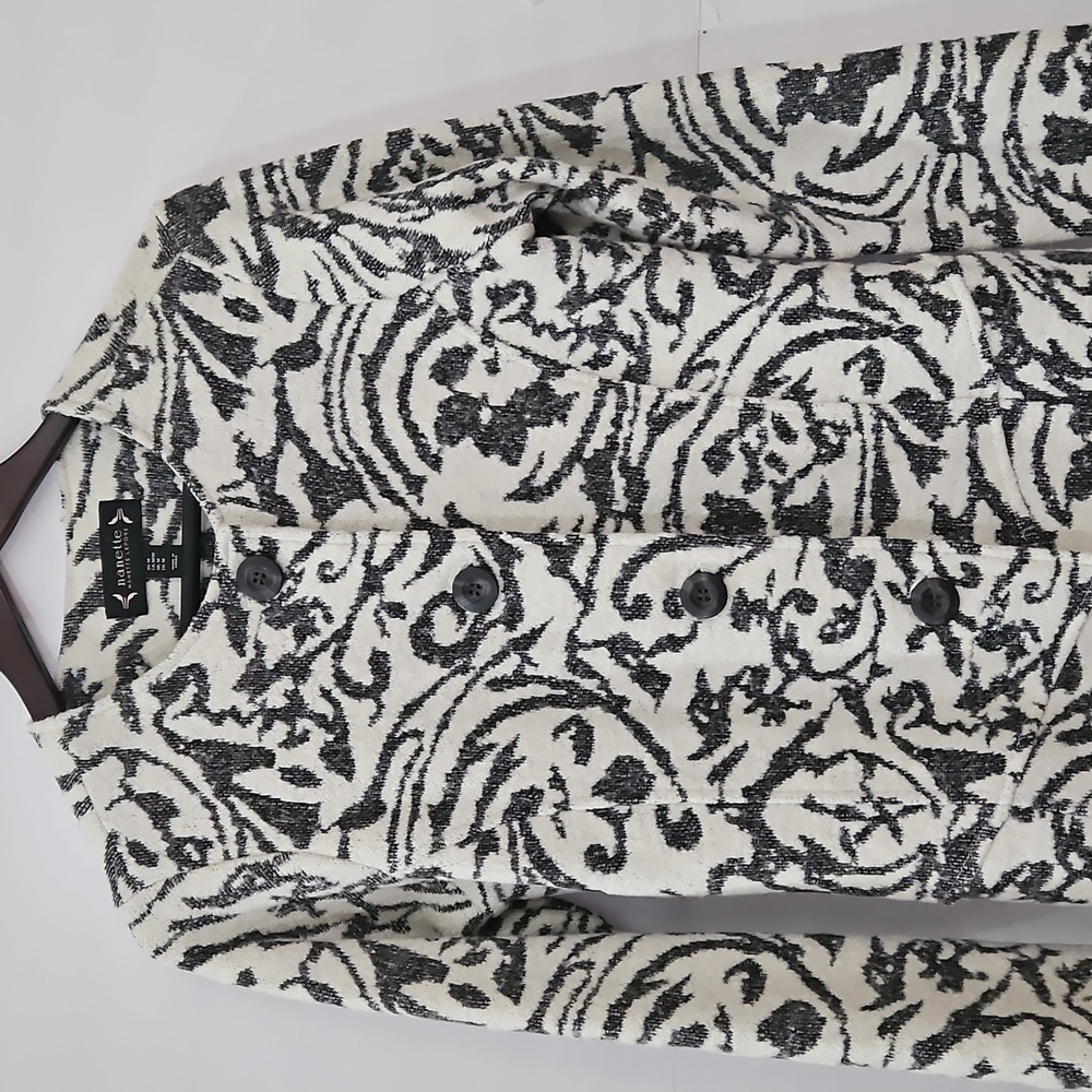 Nanette Lepore Black White Wool Blend Floral Brocade Coat Sz Med - Picture 2 of 10